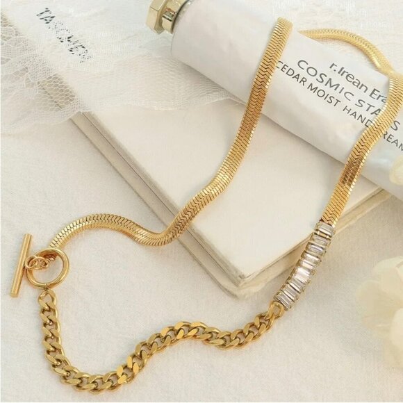 NWT 18K Gold Plated CZ Links Herringbone Chain Necklace Toggle Clasp - Picture 4 of 10